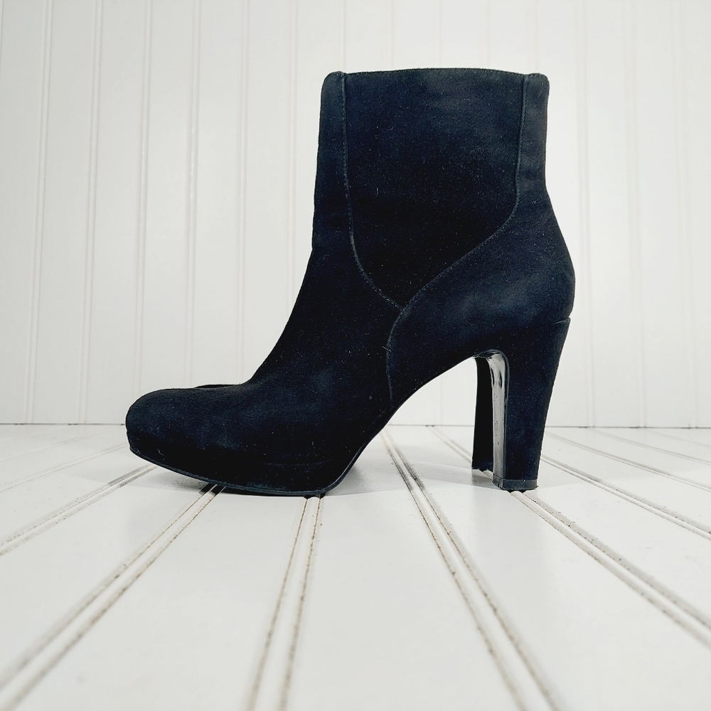 Nine West Pook Black Suede Leather Slip On Side Zip Heeled Ankle Boots I882